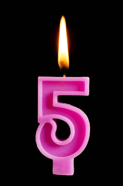 Burning birthday candle in the form of 5 five figures for cake isolated on black background. The concept of celebrating a birthday, anniversary, important date, holiday, table setting, cake decoration — Stock Photo, Image