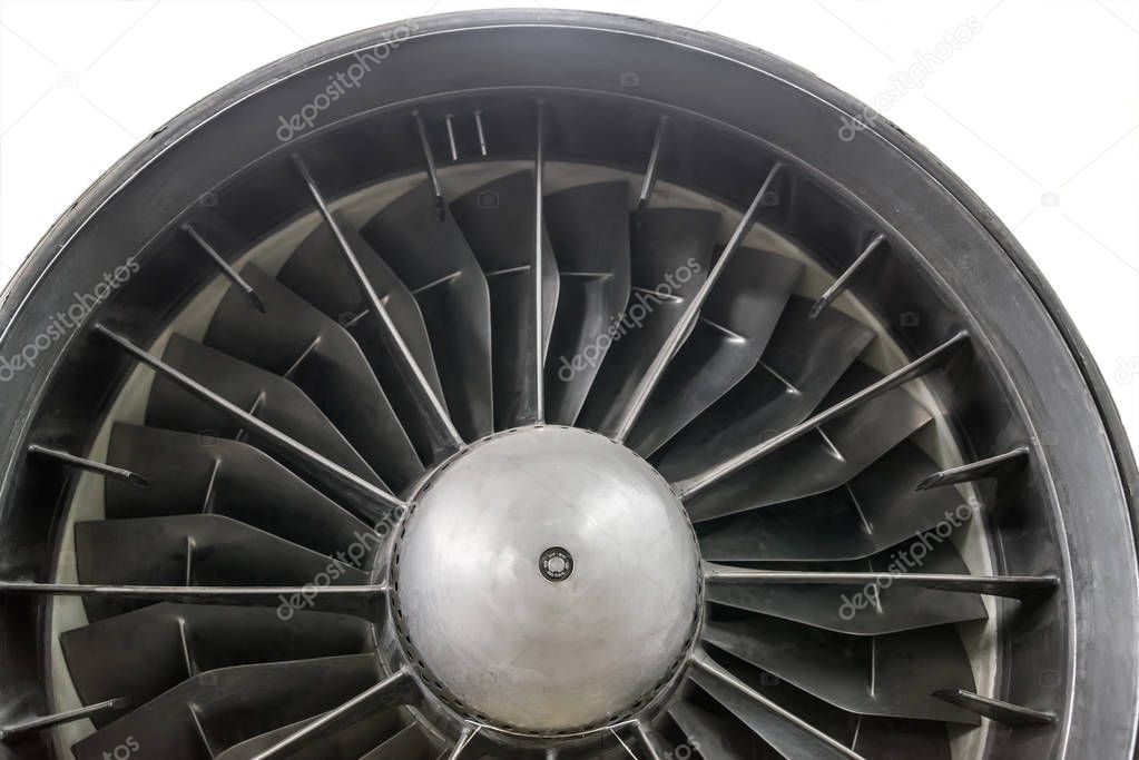 The turbine of the jet engine. Front view on a white background.
