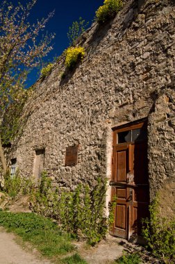 Mavi gökyüzüne karşı çatıda otlar ile yapı eski bir taş.