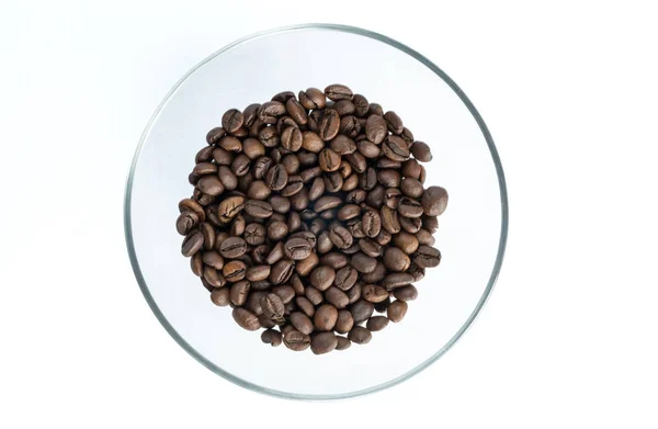 Rostade Kaffe Bönor Transparent Glasskiva Isolerad Vit Bakgrund — Stockfoto
