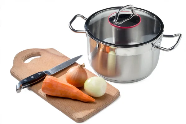 Stainless Cooking Pot Vegetables Knife Cutting Board Isolated White — Stock Photo, Image