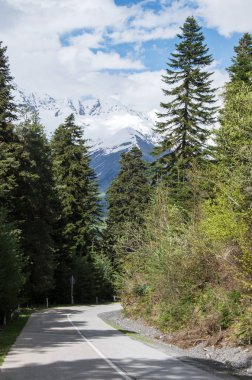 Dağ yolu ormandaki bir arka plan karla kaplı tepeler ve mavi gökyüzü.