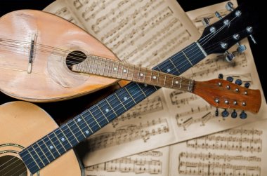 Mandolin and guitar with blurred sheet music books in the background. Stringed musical instruments. clipart