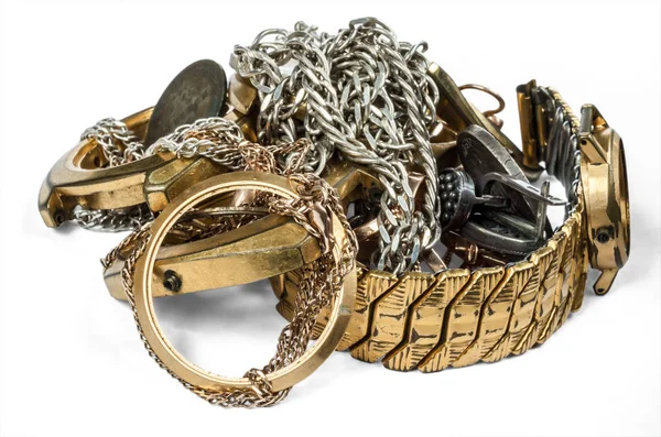 Potongan Logam Mulia Perhiasan Emas Dan Perak Tua Dan Rusak — Stok Foto