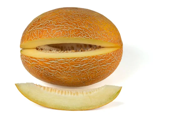 Kousek Melounu Pozadí Zralého Žlutého Melounu Izolováno Bílém Pozadí — Stock fotografie