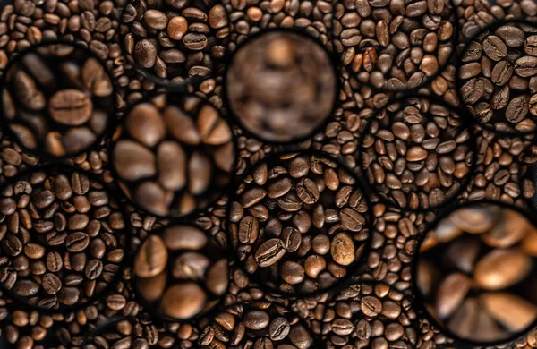 Hintergrund Gerösteter Kaffeebohnen Kreis Verschiedenen Größen — Stockfoto