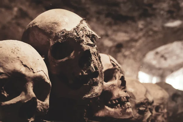 Skulls. Group of mummified skulls inside an ancient crypt — ストック写真