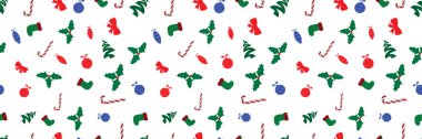 Şekerler, mücevherler, kutsal meyveler, çoraplar, çanlar ve kar taneleriyle kusursuz bir Noel deseni.