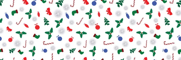 Şekerler, mücevherler, kutsal meyveler, çoraplar, çanlar ve kar taneleriyle kusursuz bir Noel deseni.