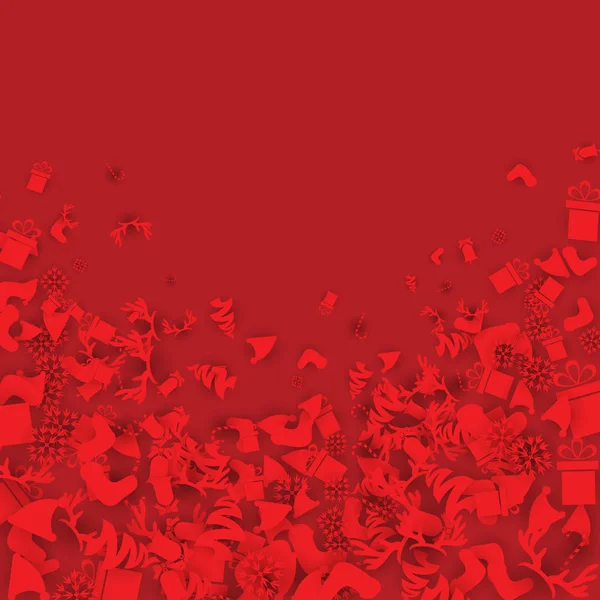 Fond Noël Rouge Avec Bonbons Boules Chaussettes Cloches Flocons Neige — Image vectorielle