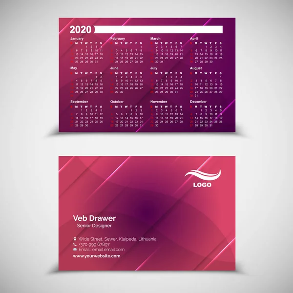 2020 Purple Pocket Calendar Business Card Design Template — Stockový vektor