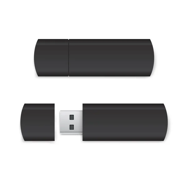 Realistické Black Usb Flash Disk Mockup Otevřené Uzavřené Verze — Stockový vektor