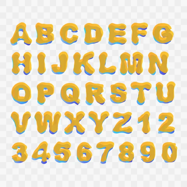 Blaue Und Orangefarbene Großbuchstaben Verzerrten Buchstaben Und Zahlen Sammlung — Stockvektor