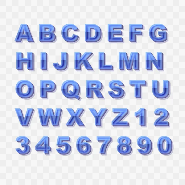 Blauen Glasstil Großbuchstaben Verzerrt Alphabet Buchstaben Und Zahlen Sammlung — Stockvektor