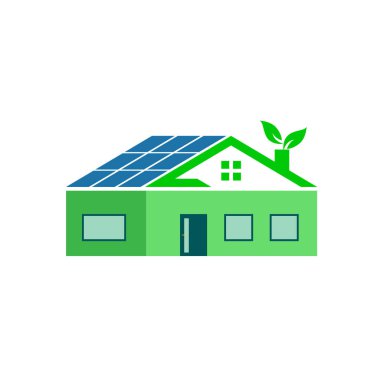 Yeşil Çevre Dost Evi Güneş Enerjisi Panelleri ve Yaprakları Baca 'dan Büyüyen Düz Simge Konsepti