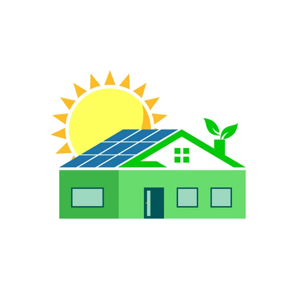 グリーンエコフレンドリーな家のコンセプト太陽エネルギーパネルと葉のフラットアイコンは煙突から成長 — ストックベクタ