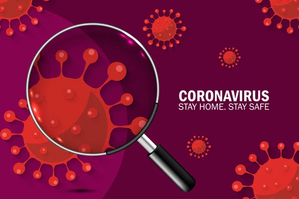 Coronavirus Virus Залишатися Вдома Безпечним Плакат Дизайн Збільшувальним Склом — стоковий вектор
