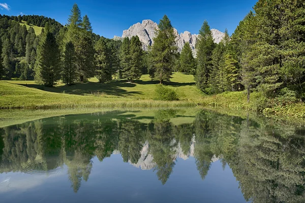 Sjö i skogen med bergen i bakgrunden, Dolomiterna — Stockfoto