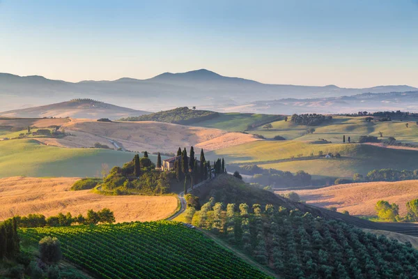 Scenic Tuscany landscape at sunrise, Val d 'Orcia, Italy — стоковое фото