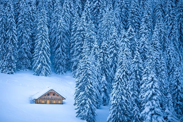 Az Alpokban a téli Csodaországban félreeső mountain kabin — Stock Fotó
