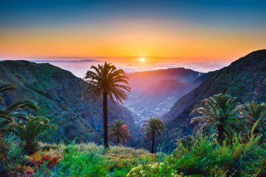 Amazing tropical scenery with palm trees and mountains at sunset clipart