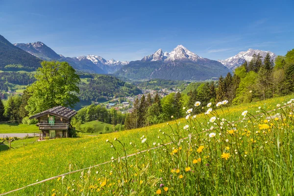 Paisaje alpino con chalet de montaña tradicional en verano —  Fotos de Stock