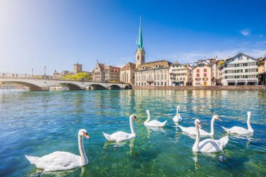 Zürih şehir tarihi ile nehir Limmat, İsviçre