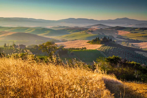 Natursköna Tuscany landskapet vid soluppgången, Val d'Orcia, Italien — Stockfoto