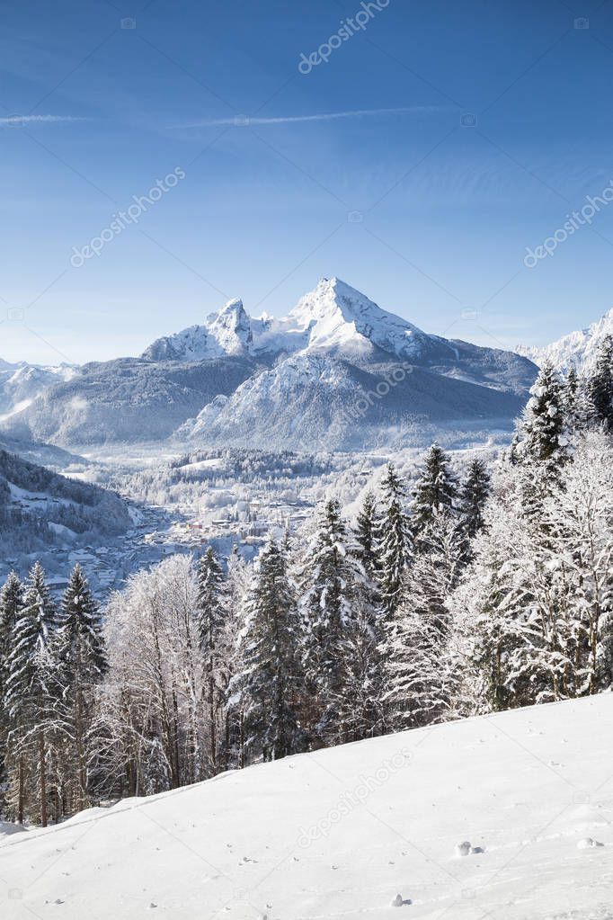 Winter wonderland with Watzmann and the town of Berchtesgaden