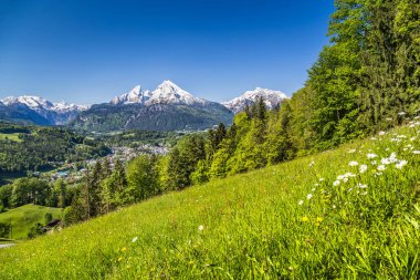 Ünlü Watzmann dağda ilkbahar, Nationalpark Berchtesgadener Land, Bavyera, Almanya arka planda ile Bavyera Alpleri'nde güzel manzara panoramik manzaralı