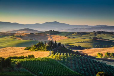 Doğal Tuscany manzaraya gündoğumu, Val d'Orcia, İtalya