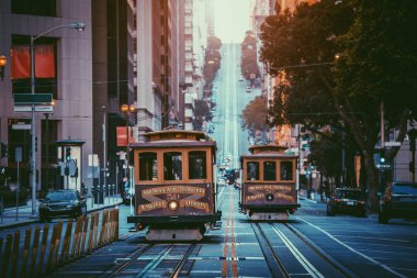 San Francisco teleferik California Street, gündoğumu, California, ABD