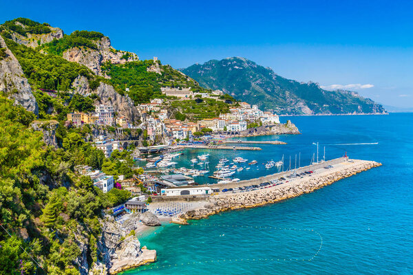 Postcard view of Amalfi, Amalfi Coast, Campania, Italy