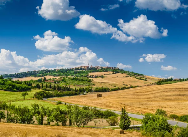 Tuscany yatay, kasaba, Pienza, Val d'Orcia, İtalya — Stok fotoğraf