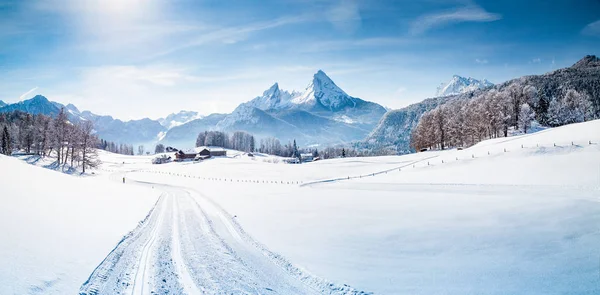 Zimowa sceneria z trasą biegową w Alpach — Zdjęcie stockowe