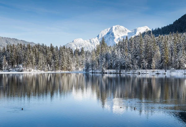 Merveilles hivernales idylliques avec lac de montagne dans les Alpes — Photo