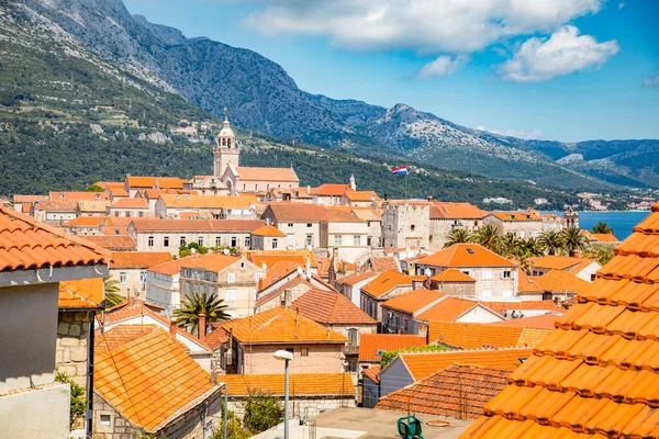 Hermosa Vista Histórica Ciudad Korcula Hermoso Día Soleado Con Cielo —  Fotos de Stock