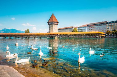 Şehrin sembolü ve İsviçre'nin başlıca turistik yerlerinden biri olan ünlü Şapel Köprüsü ile Lucerne'nin tarihi şehir merkezi ve arka planda Pilatus Dağı zirvesi, İsviçre