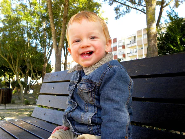 Niño Pequeño Con Pelo Rubio Sienta Banco Del Parque —  Fotos de Stock