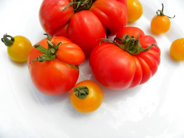 Verse Rode Tomaten Witte Achtergrond Gele Kerstomaten — Stockfoto