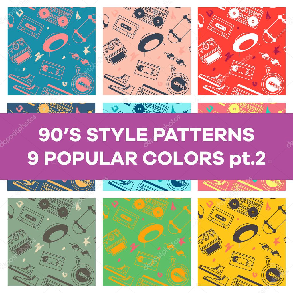 Set of seamless patterns with objects from the 90's. Can be used in printing, website background and fabric design. EPS 10 vector.
