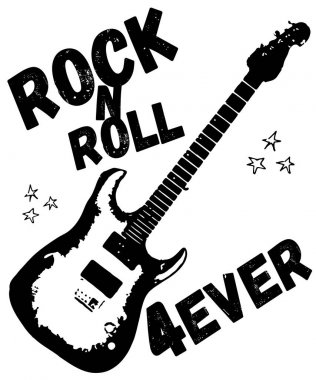 Tipografi vektör el çekilmiş gitarla t shirt baskı ve nakış, grafik tee ve yazdırılan tee