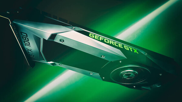 NEW YORK / USA - 08.08.2017: NVIDIA GEFORCE GTX 1080 Render Illustration