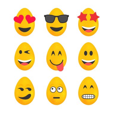Her yumurta üzerinde görüntülenen emojis sahip parlak sarı Paskalya yumurtaları kümesi