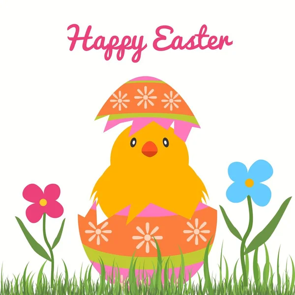 Velikonoční Chick líhnutí z dekorativní velikonoční vajíčko s květinovým Touch pozadím — Stockový vektor