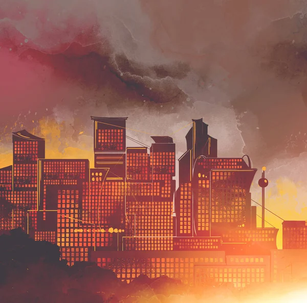 Zonsondergang over moderne stad — Stockfoto