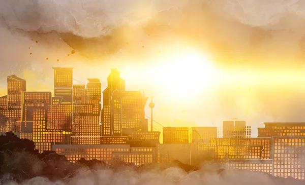 Zonsondergang over moderne stad — Stockfoto