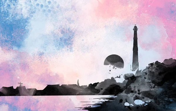 Seascape with forest on the horizon Stock Photo