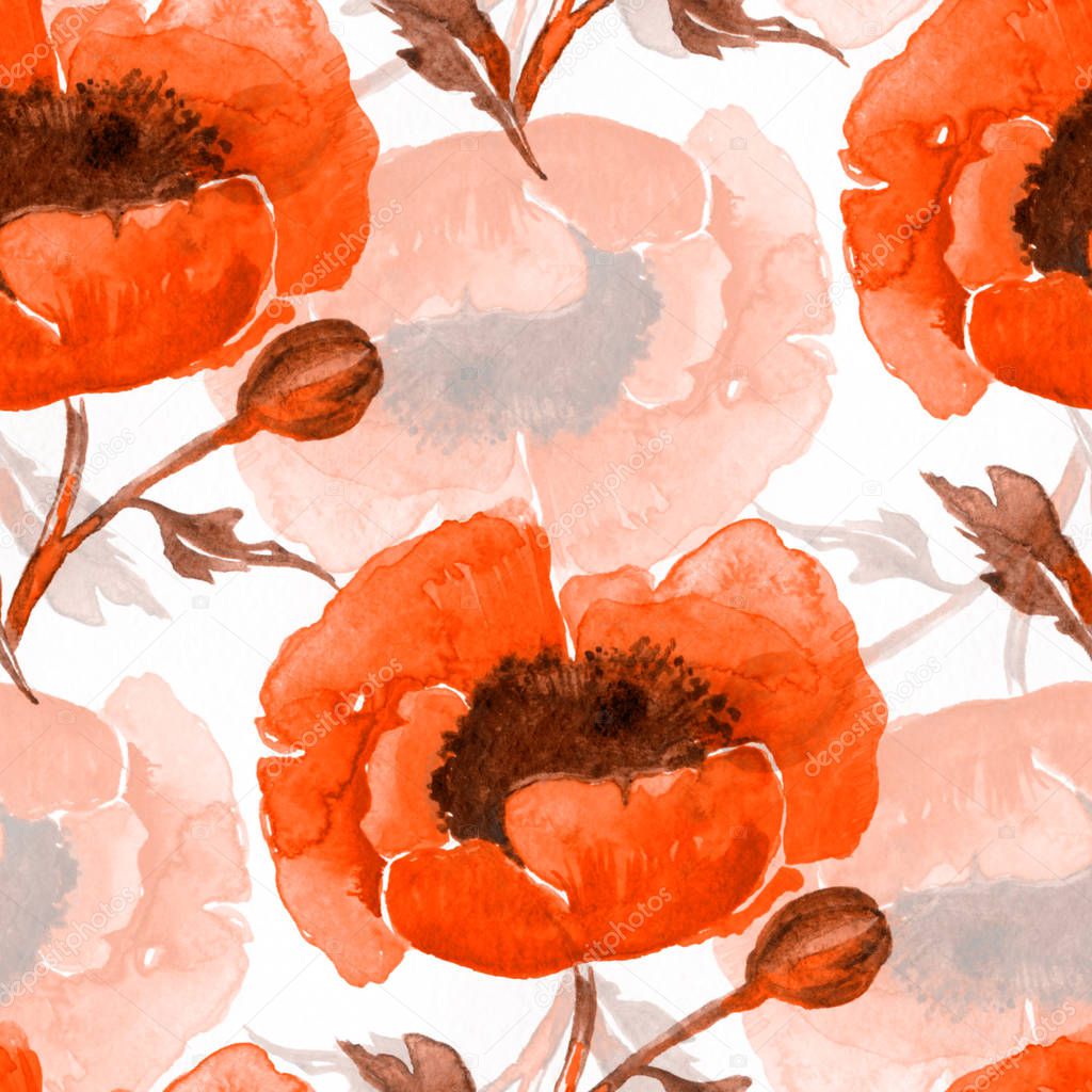 watercolor poppies seamless pattern