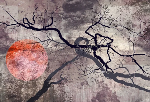 Surrealistic trees with red sun — Stock Photo, Image